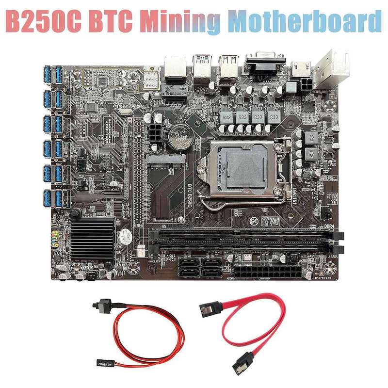 B250c Mining Motherboard+sata Cable+switch Cable 12xpcie to Usb3.0