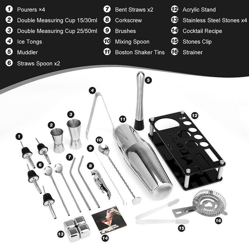 Cocktail Shaker Set, with Acrylic Stand & Cocktail Recipes Bookle