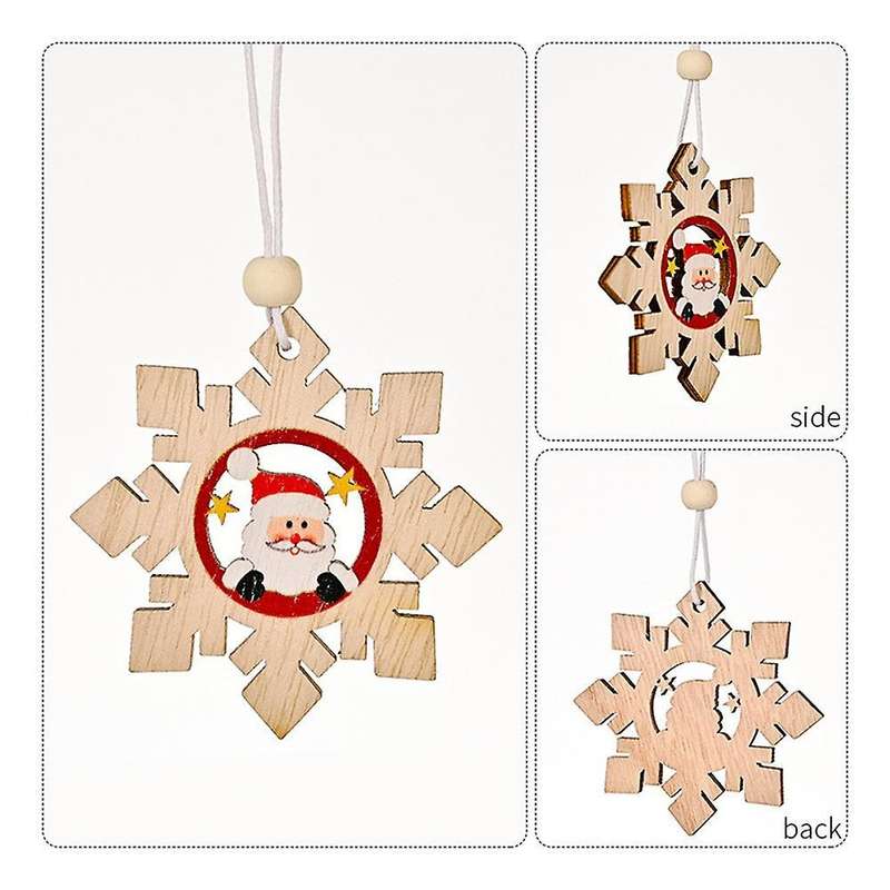 Wooden Pendant Santa Claus Snowflake Xmas Tree Ornaments for Home A