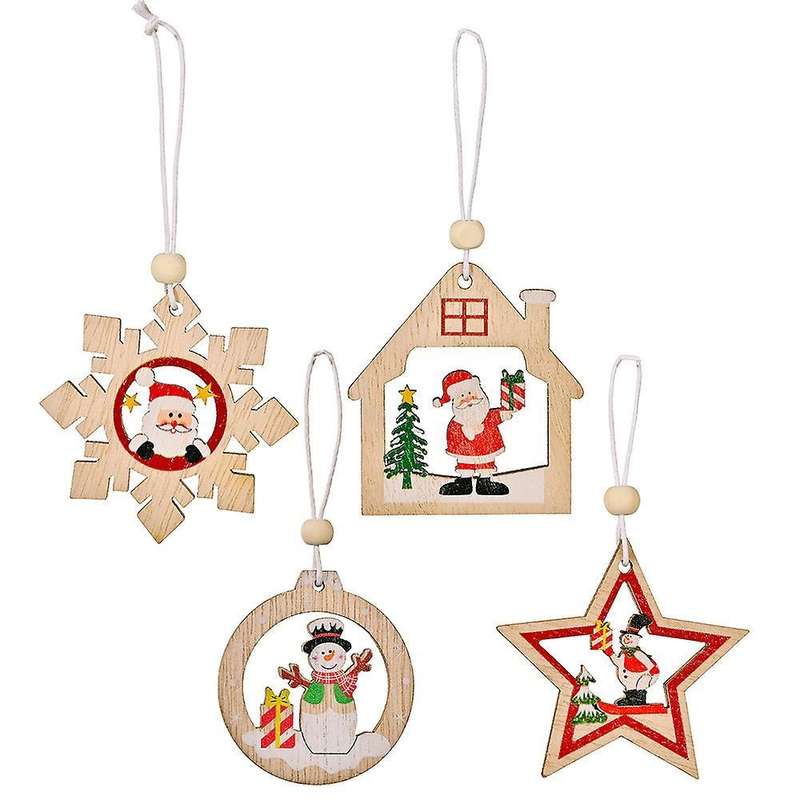 Wooden Pendant Santa Claus Snowflake Xmas Tree Ornaments for Home A
