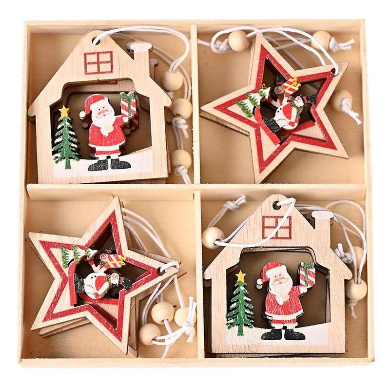 Wooden Pendant Santa Claus Snowflake Xmas Tree Ornaments for Home A