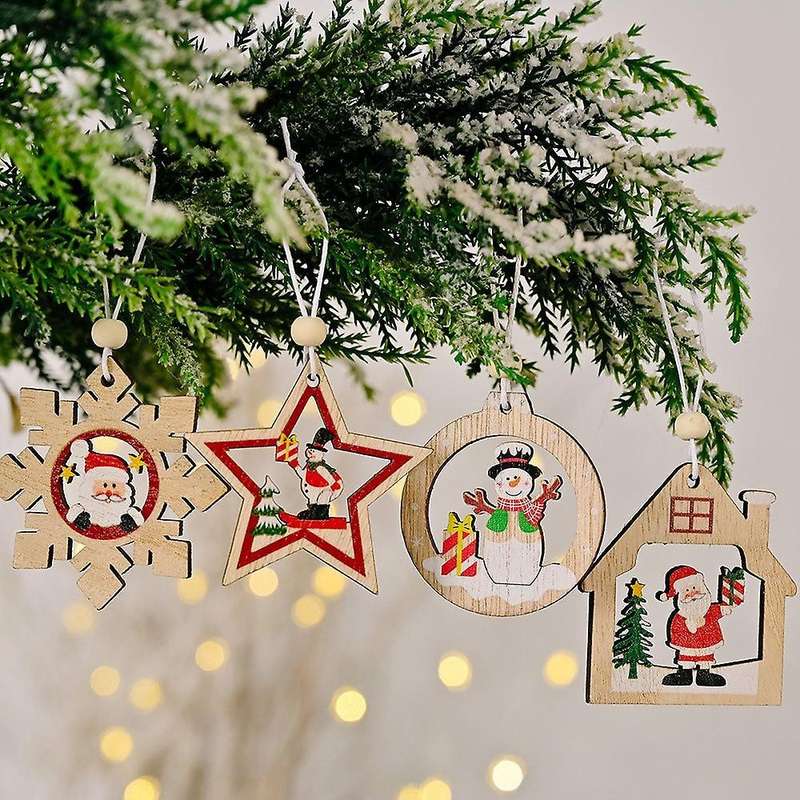 Wooden Pendant Santa Claus Snowflake Xmas Tree Ornaments for Home A