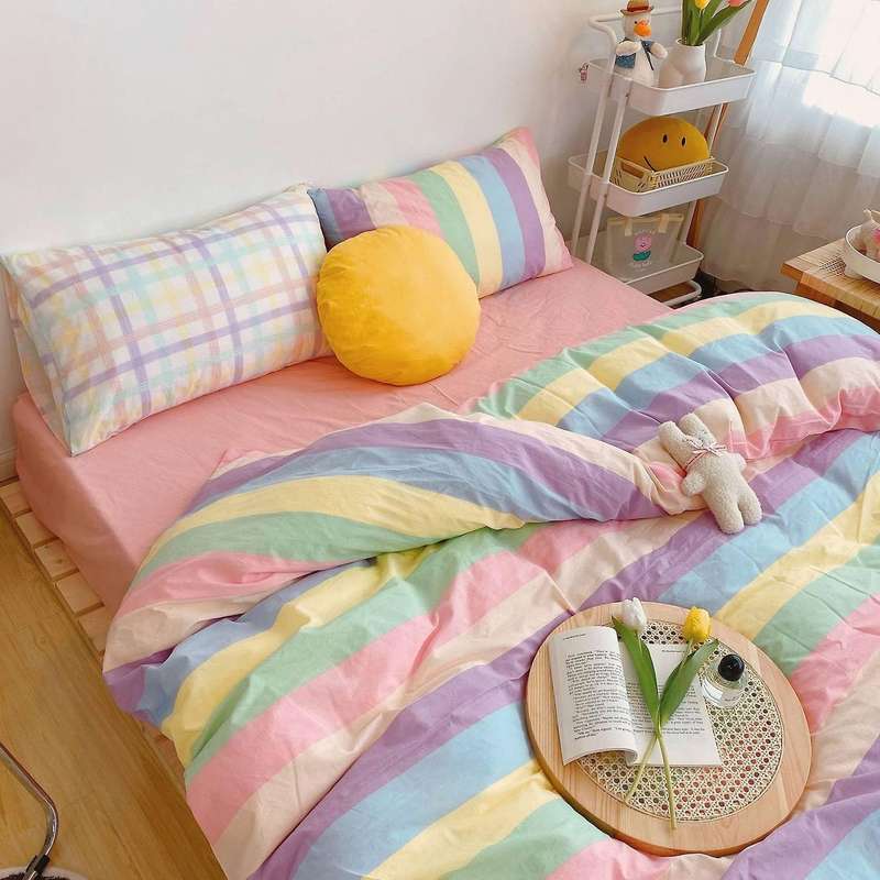 Set Of 4 Colorful Stripes Cover,cotton Rainbow Cute Bedding Set