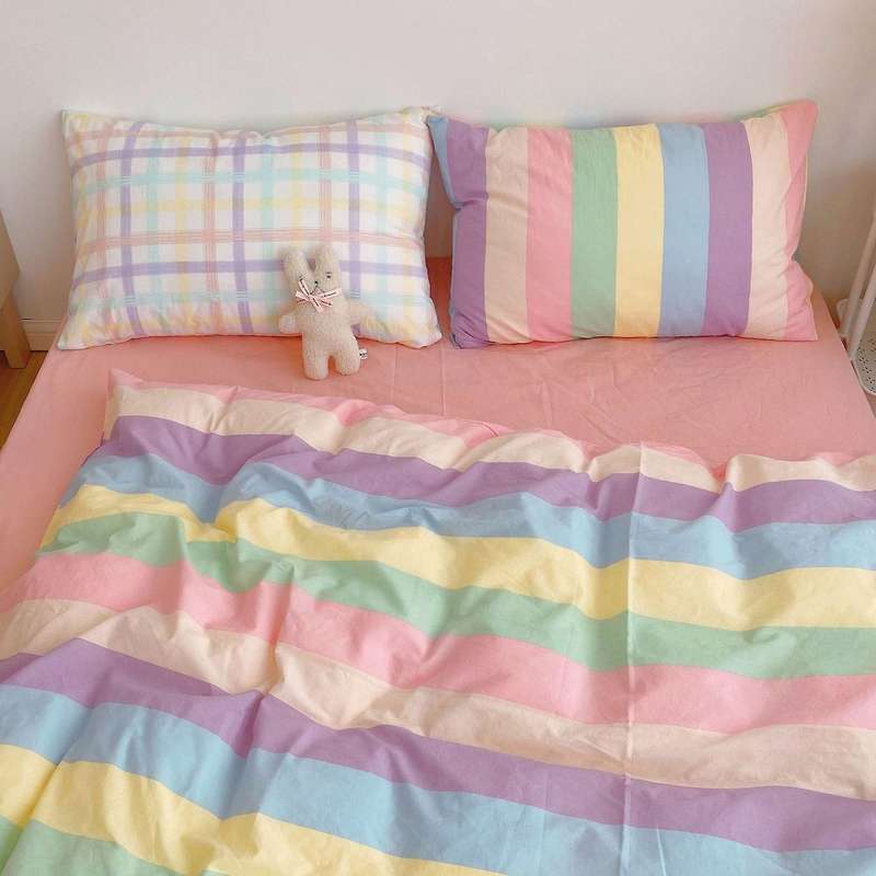 Set Of 4 Colorful Stripes Cover,cotton Rainbow Cute Bedding Set