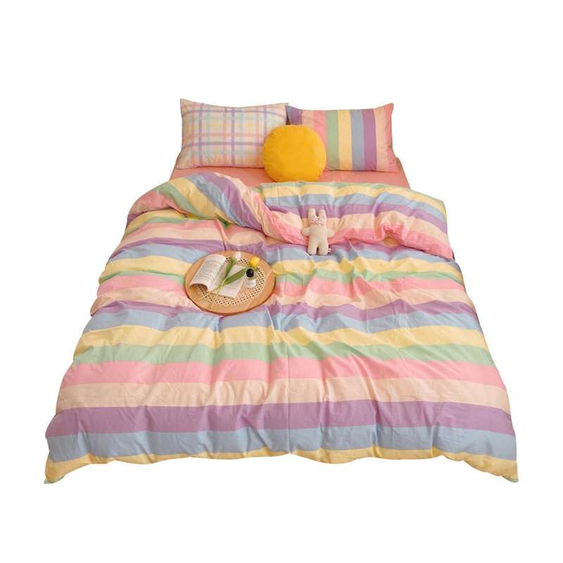 Set Of 4 Colorful Stripes Cover,cotton Rainbow Cute Bedding Set