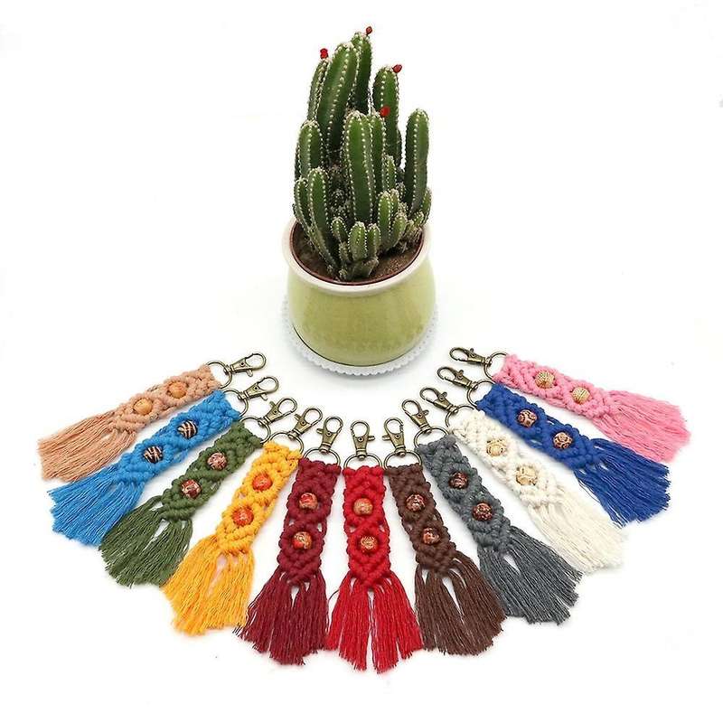 Mini Macrame Keychains Boho Macrame Bag Charms for Car Key,armygreen