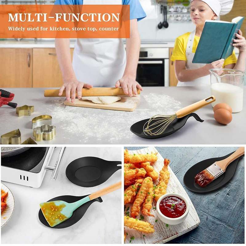 2 Pcs Silicone Holder Heat Resistance Spoon Set for Home Restaurant