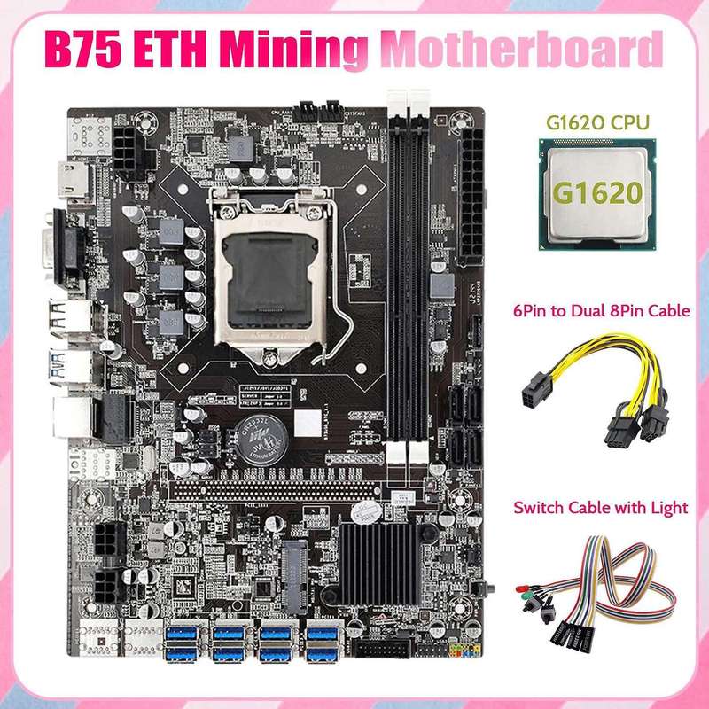 B75 Eth Mining Motherboard 8xpcie to Usb+g1620 Cpu+switch Cable