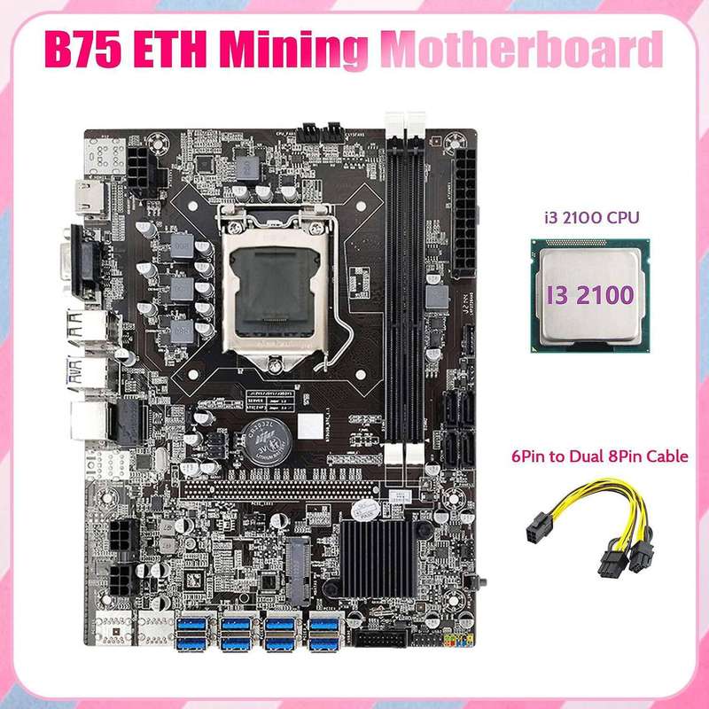Eth Mining Motherboard+i3 2100 Cpu+6pin to Dual 8pin Cable Lga1155