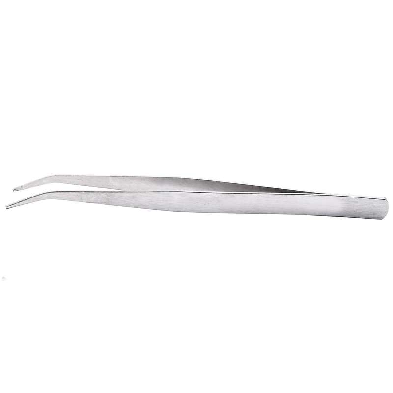 5.9" Long Silver Tone Bent Curved Tip Tweezers Forceps Plier Hand Tool