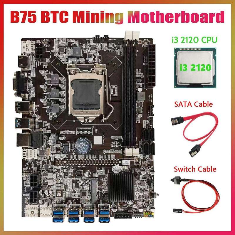 B75 Btc Mining Motherboard+i3 2120 Cpu+sata Cable+switch Cable