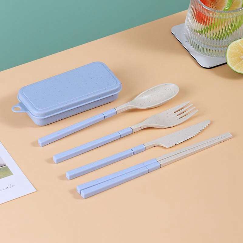 Combination Portable Outdoor Travel Tableware Student Set Blue