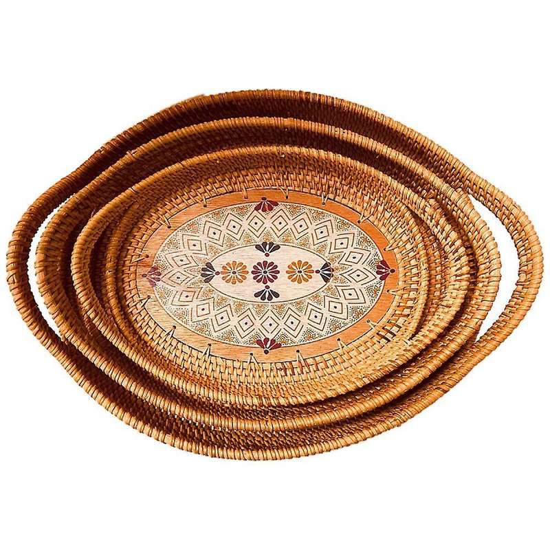 3pcs/set Handmade Woven Rattan Food Basket Fruit Plate Tea Fruit Tray