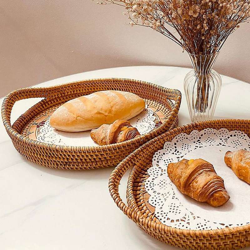 3pcs/set Handmade Woven Rattan Food Basket Fruit Plate Tea Fruit Tray