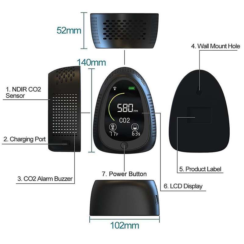 Indoor Air Quality Monitor, Co2 Detector, Ndir Sensor, 400-5000 Ppm