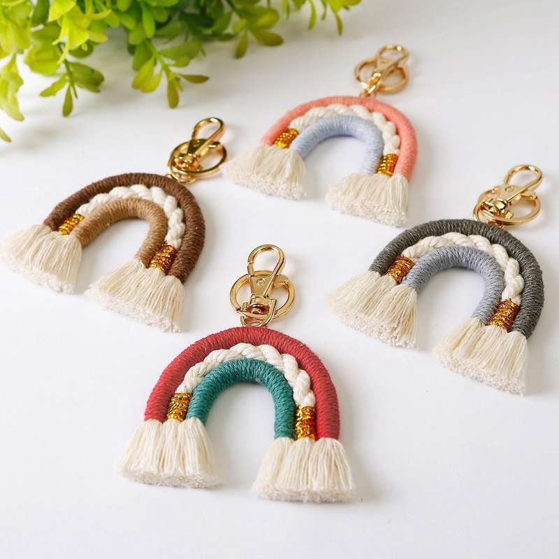 Macrame Rainbow Keychain, Handwoven Keyring, Boho Colourful, D