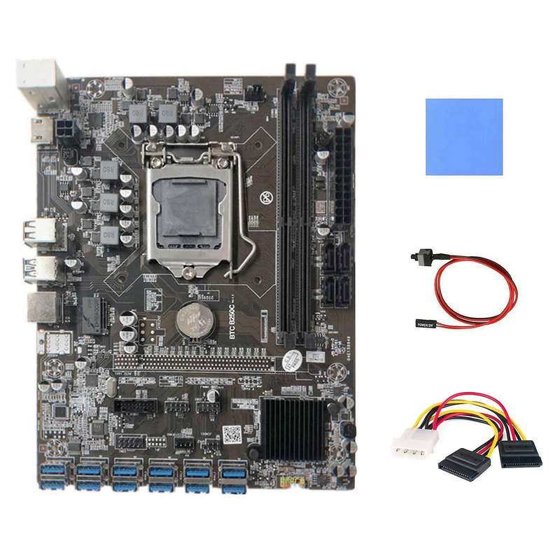 B250c Miner Motherboard+thermal Pad+4pin to Sata Cable+switch Cable