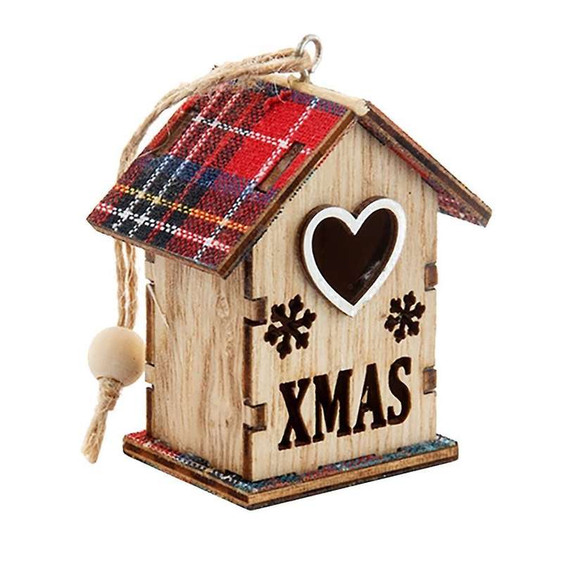 Christmas Hanging Ornament Wooden Cabin Shape Hollow Design, D