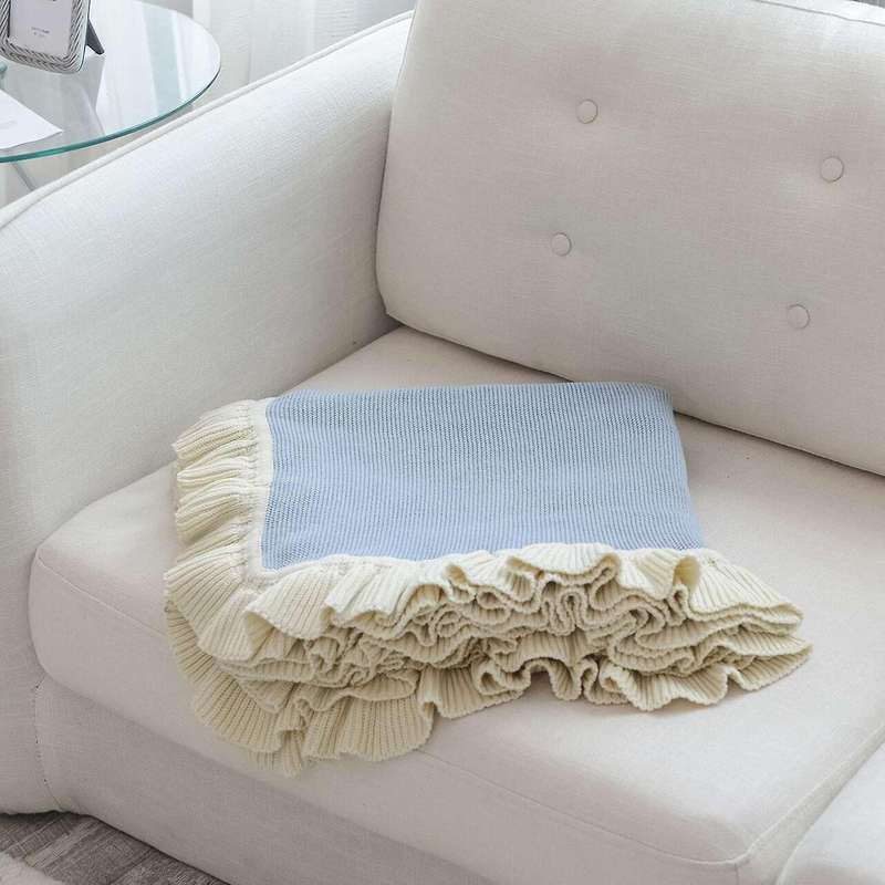 Ruffled Soft Woolen Blanket, Cotton Knitted Blanket, Sofa(light Blue)
