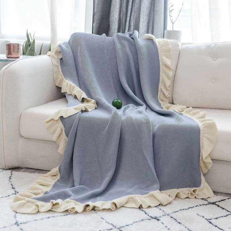 Ruffled Soft Woolen Blanket, Cotton Knitted Blanket, Sofa(light Blue)