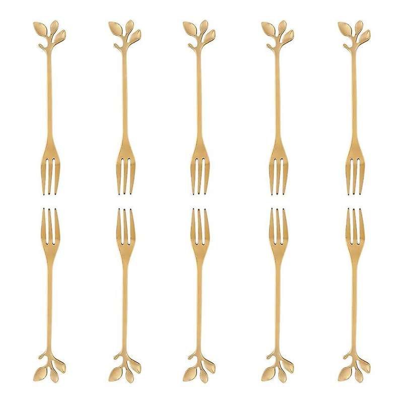 10 Pcs Stainless Steel Leaf Cake Fruit Forks Set Dessert Forks Golden