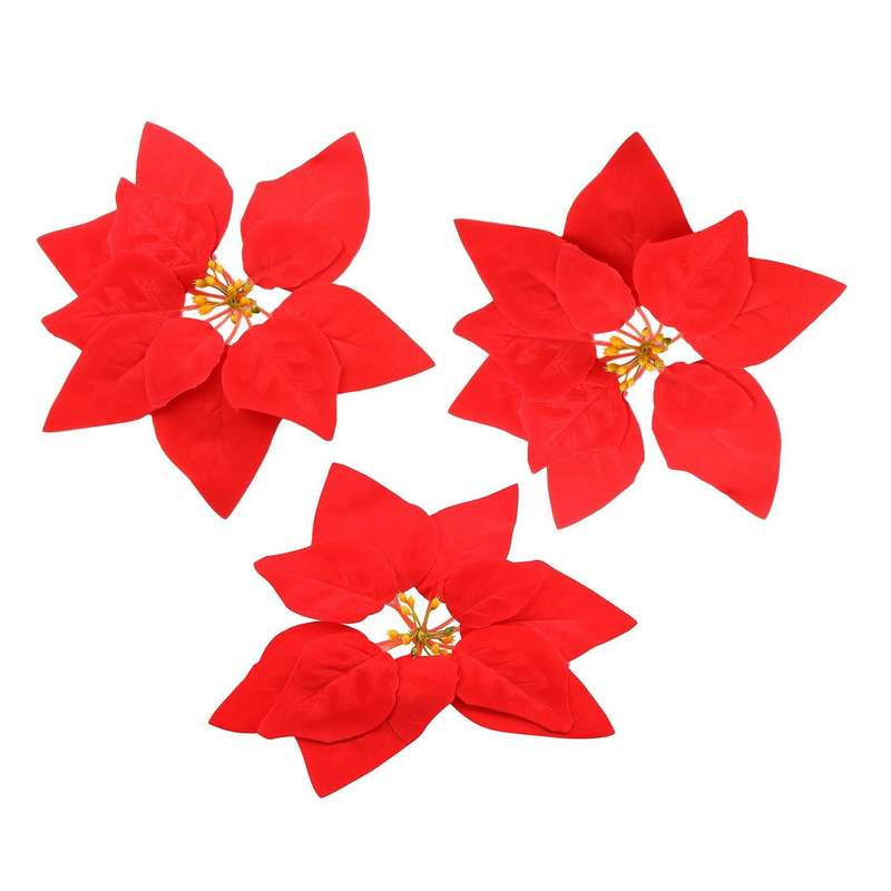 Artificial Flowers Red Velvet Poinsettia for Christmas Tree (24 Pcs)