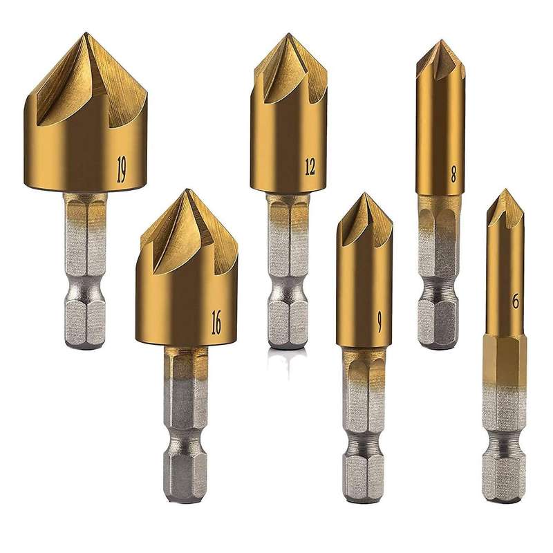 6 Pcs 1/4inch Hex Countersink Drill Bits Set Hss 5 Flute 90 Degree