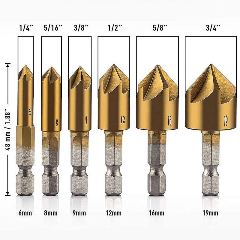 6 Pcs 1/4inch Hex Countersink Drill Bits Set Hss 5 Flute 90 Degree