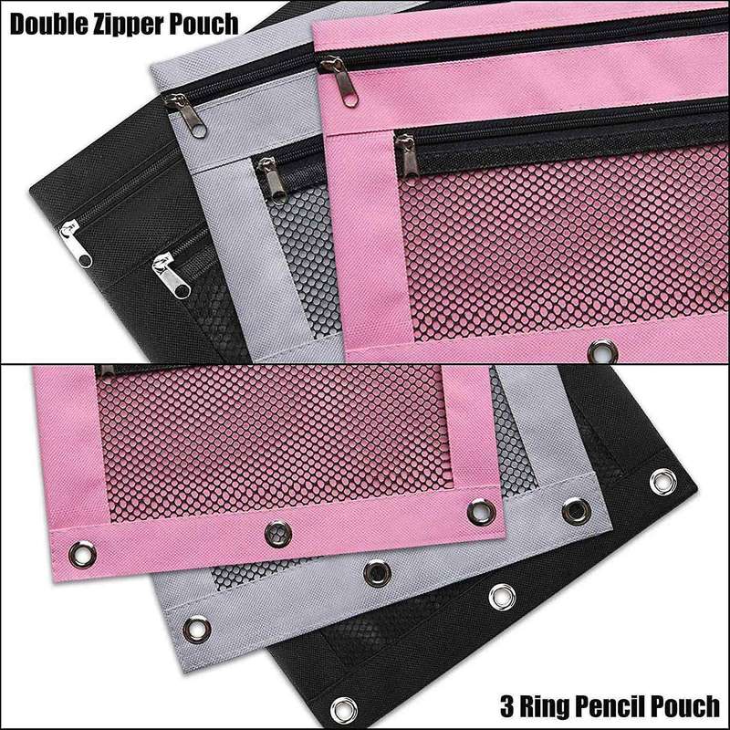 3 Pack 3 Color Zipper Pencil Pouch Pencil Case Bag with Double Pocket
