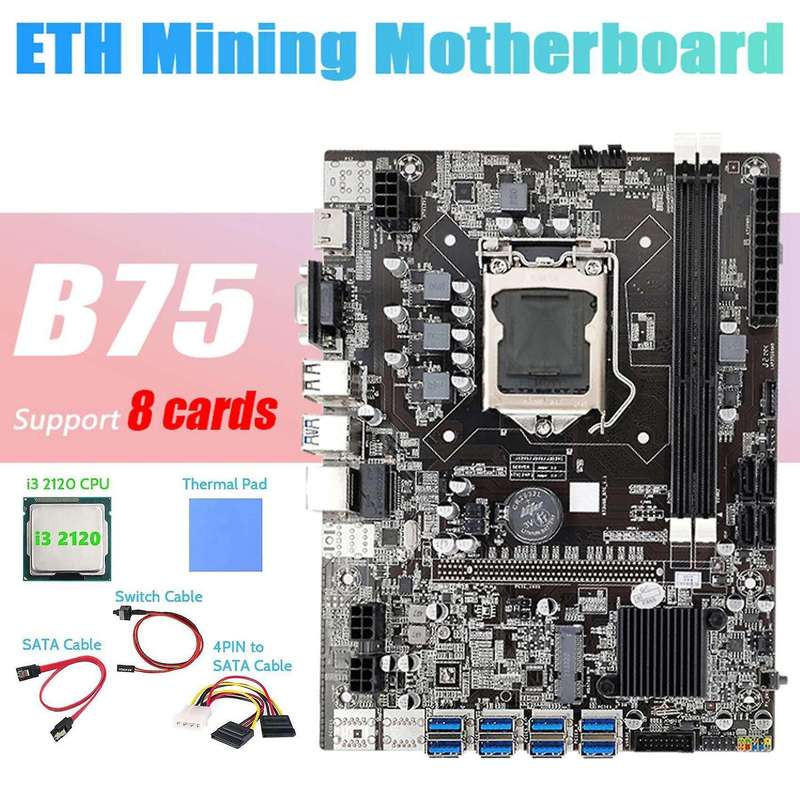 B75 Btc Miner Motherboard 8xpcie to Usb+i3 2120 Cpu+thermal Pad