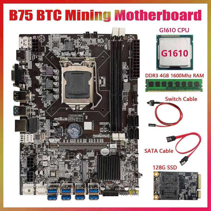 B75 Btc Mining Motherboard+g1610 Cpu+ddr3 4gb 1600mhz Ram+128g Ssd