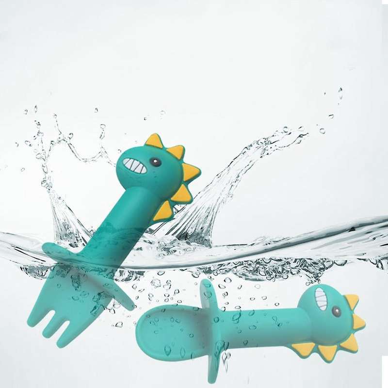 Baby Learning Spoon Fork Set Short Handle Easy Spoon Soft, Green
