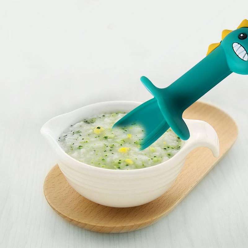 Baby Learning Spoon Fork Set Short Handle Easy Spoon Soft, Green