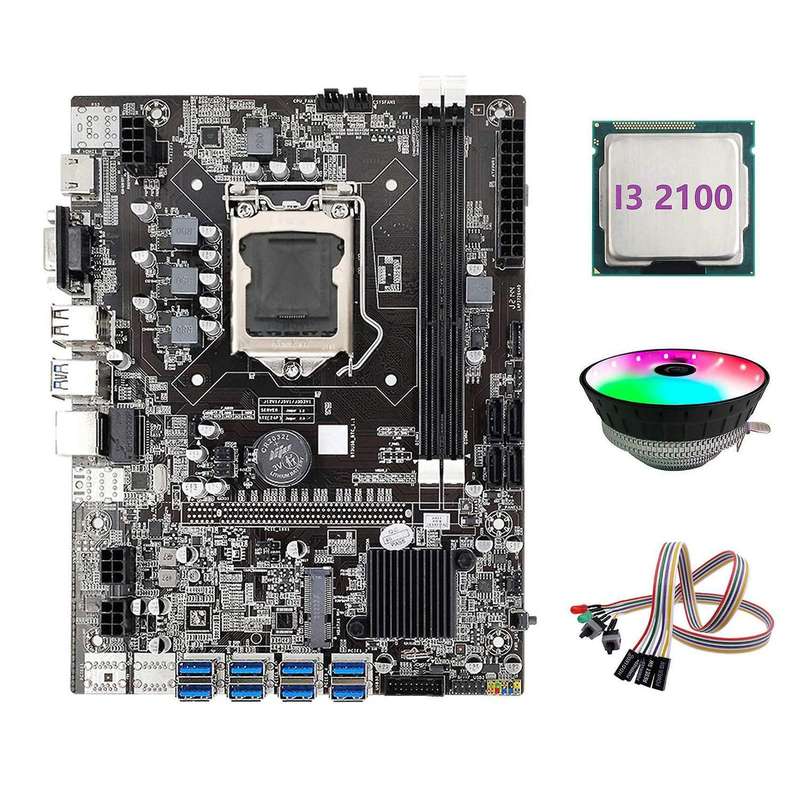 B75 Eth Mining Motherboard 8xpcie to Usb+i3 2100 Cpu+with Light