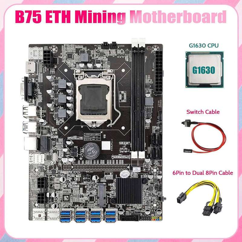 B75 Eth Mining Motherboard 8xpcie to Usb+g1630 Cpu+6pin to Dual 8pin