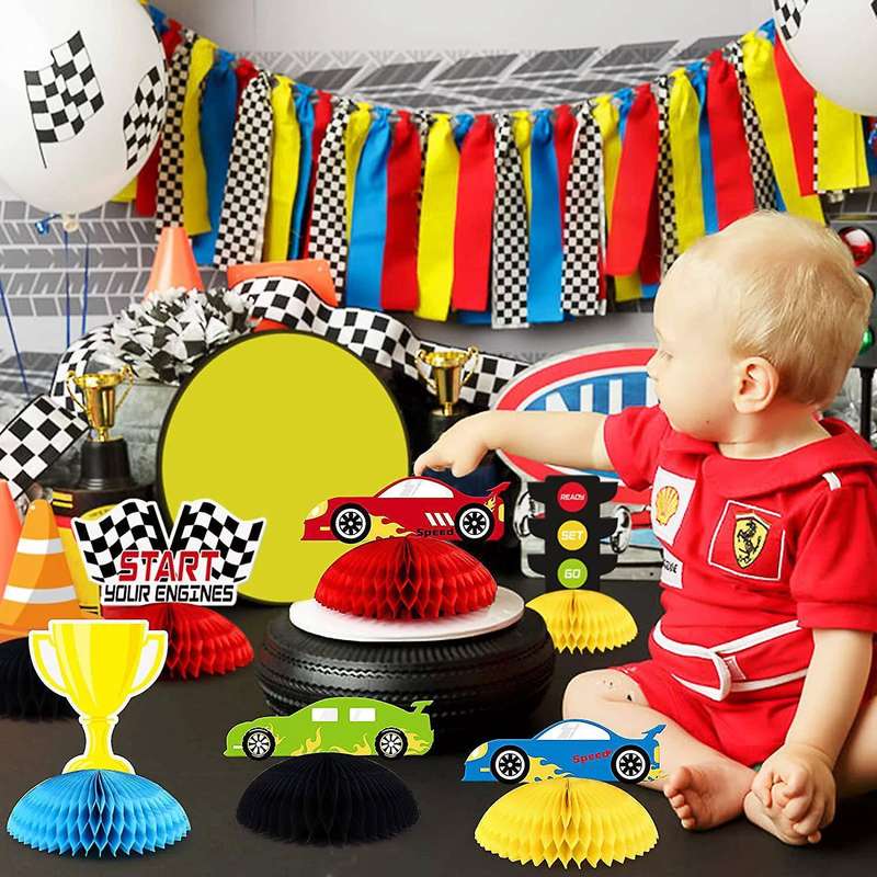 8 Pcs Honeycomb Racing Theme Toppers for Kids Birthday Party Supplies