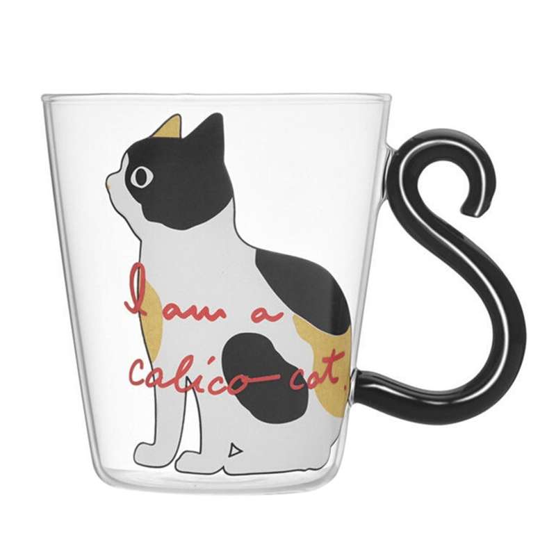 Cute Kitty Glass Water Cup Cat Tail Handle Coffee Fruit Juice -white