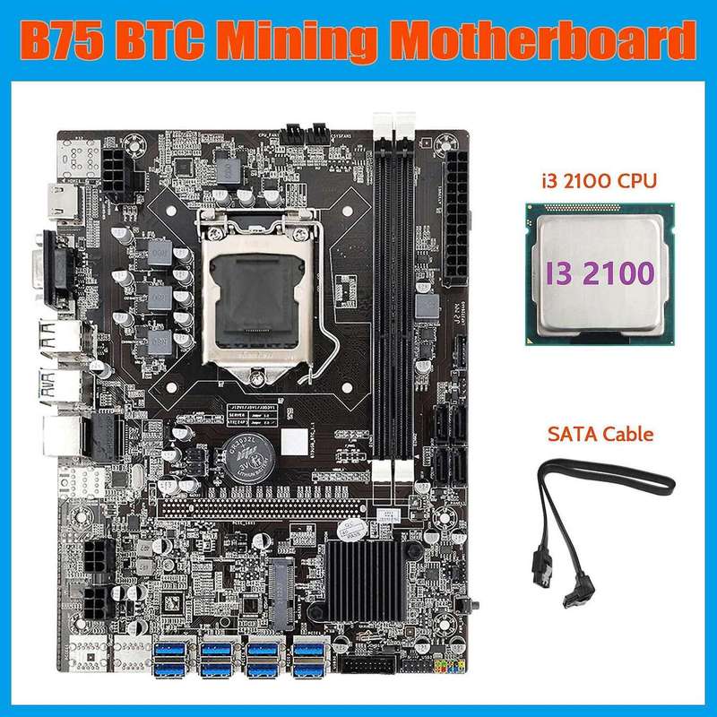 B75 Eth Mining Motherboard 8xpcie Usb Adapter+i3 2100 Cpu+sata Cable