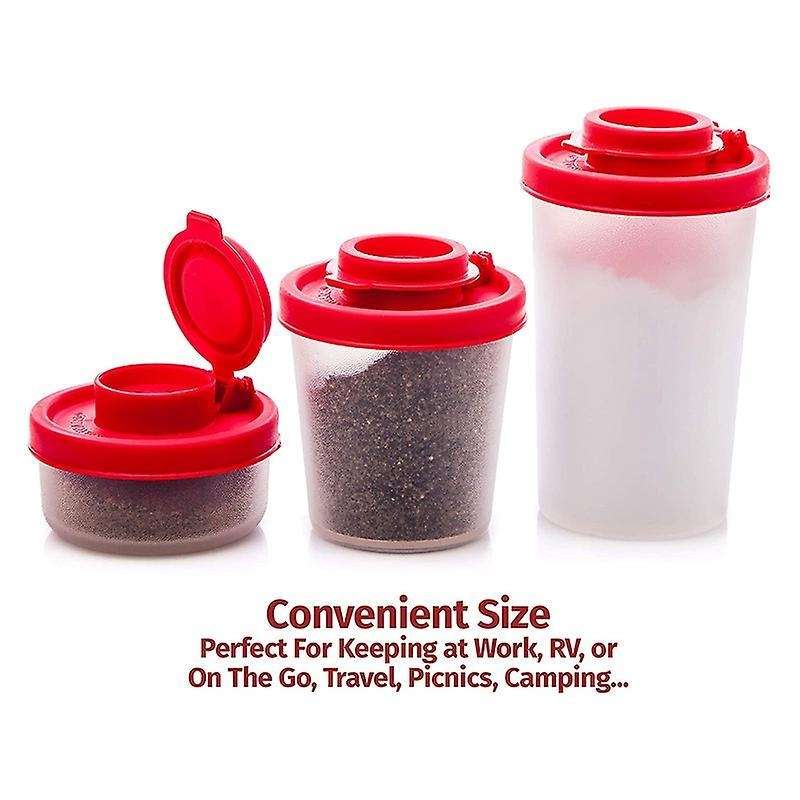 A Set Of Salt and Pepper Shakers with Red Covers Lids Jar Dispenser
