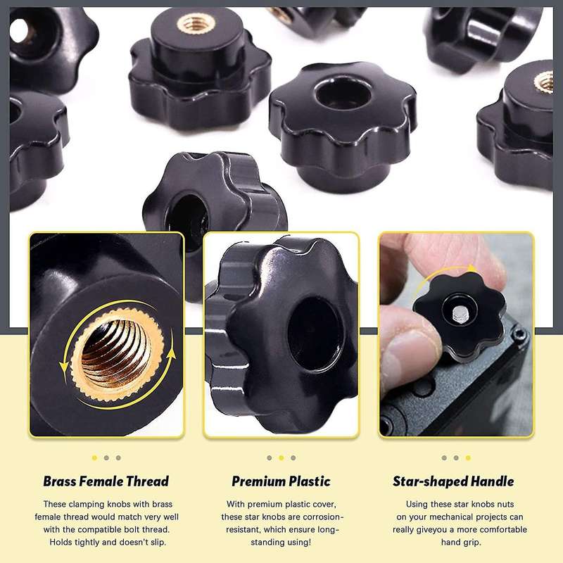 15pcs M6 Star Knob Clamping Handle Nut Through Hole Set Brass Female