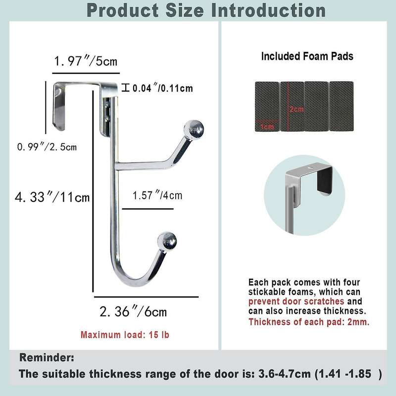 2 Pack Over The Door Hooks Hanger, Sturdy Metal Double Hook, Silver