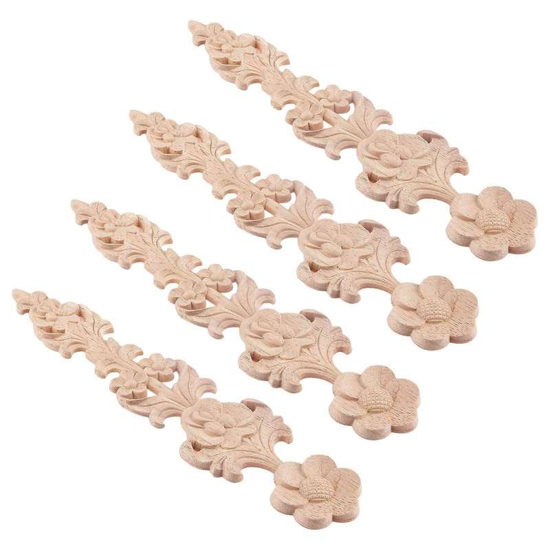 4pcs Wood Carved Appliques Retro Round Woodcarving Decal