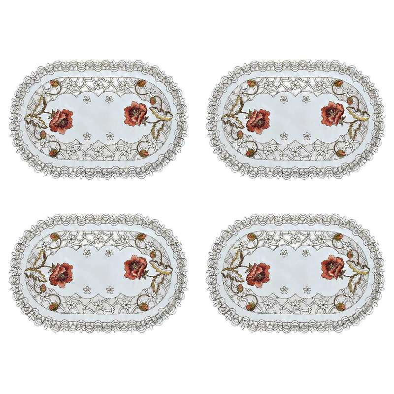 Set Of 4 Oval Floral Placemats White Vintage Embroidered Lace