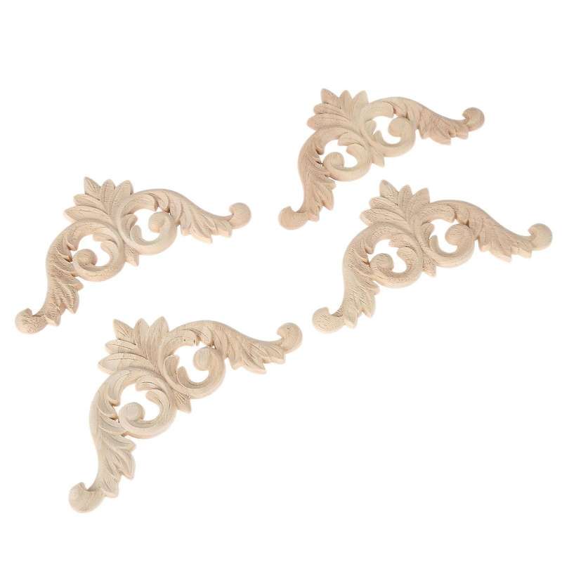 Wood Carved Corner Mouldings Applique Furniture Decor 4pcs 12x12cm
