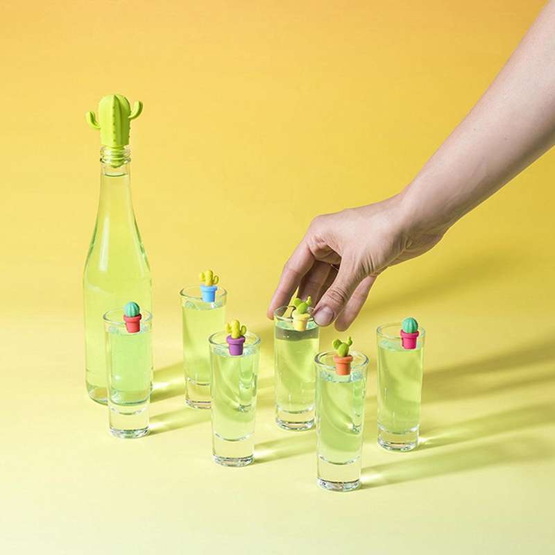 7pc Silicone Cactus Party Wine Glass Marker Labels Tag Bottle Stopper