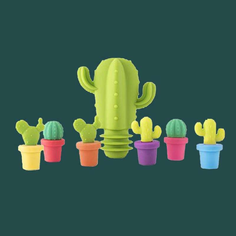 7pc Silicone Cactus Party Wine Glass Marker Labels Tag Bottle Stopper