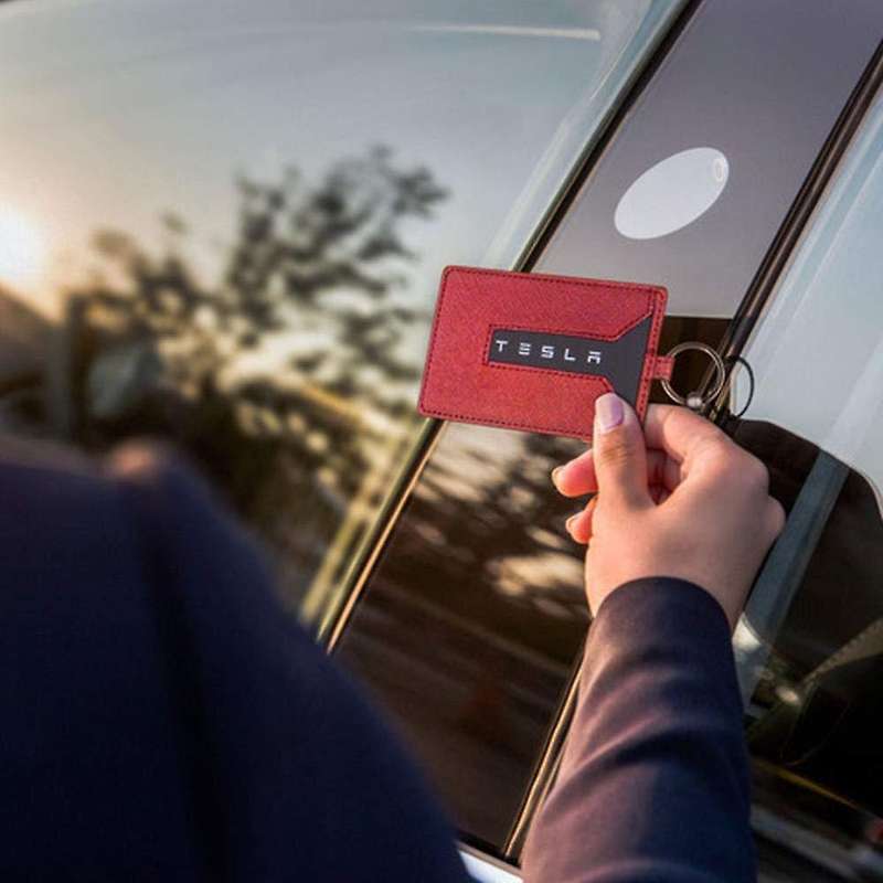 Key Card Holder for Tesla Model 3, Light Leather with Keychain Black