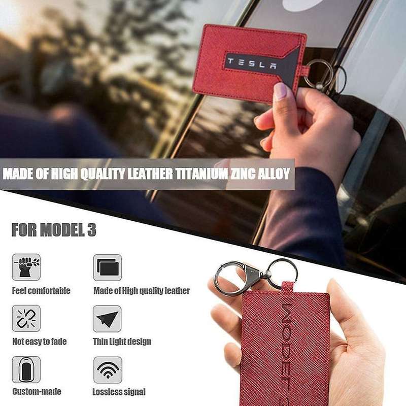 Key Card Holder for Tesla Model 3, Light Leather with Keychain Black