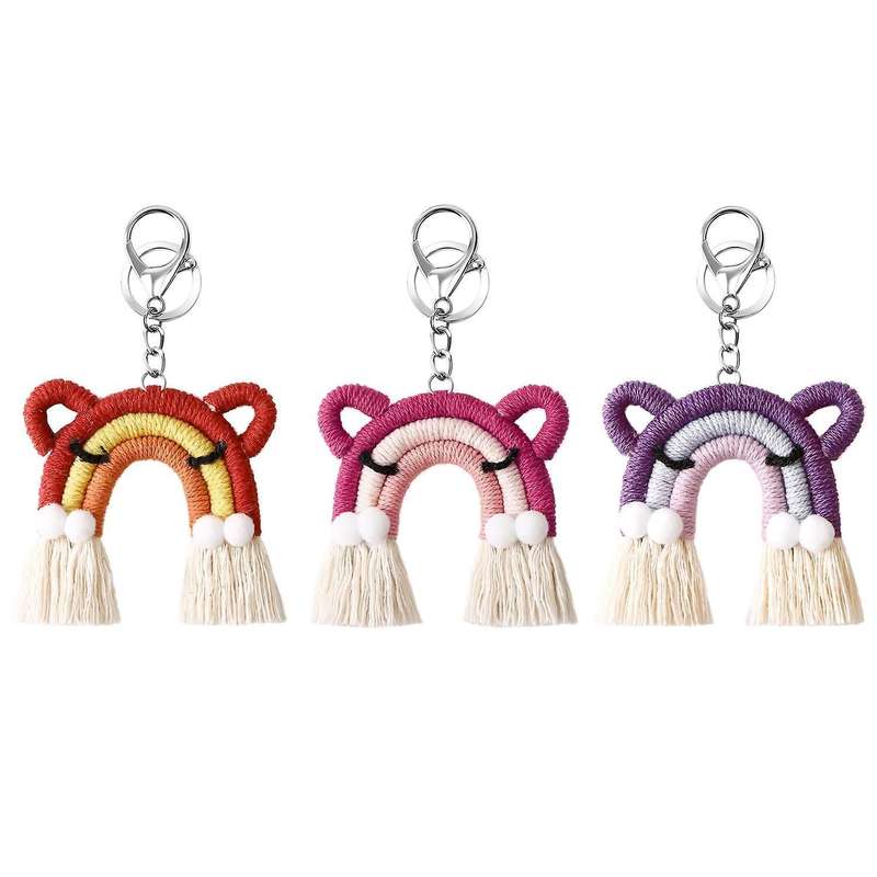 3 Pcs Cute Cat Rainbow Keychains Macrame Weaving Tassel for Women