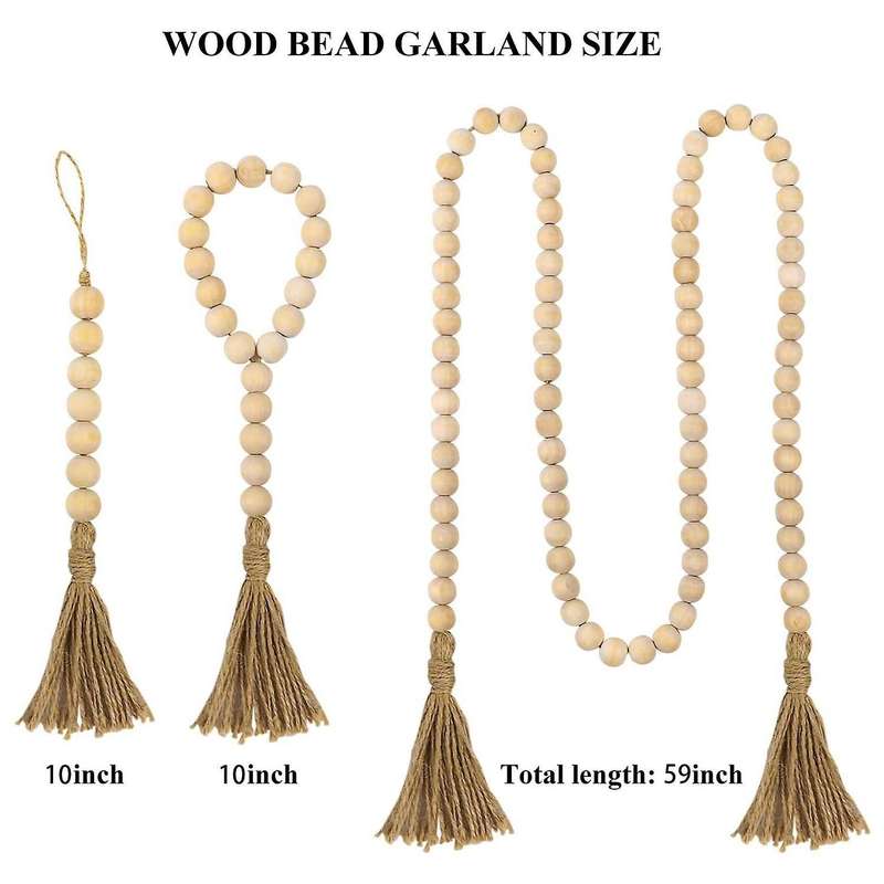 3 Pack Wood Bead Garland with Tassels for Wall Hanging Decor